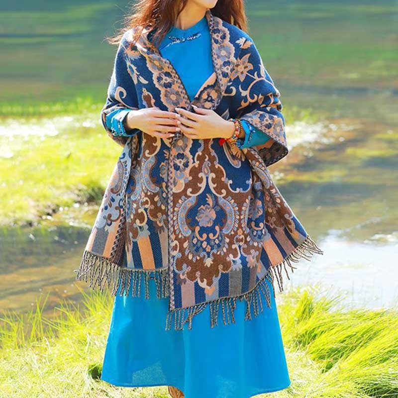 Tibetan Flowers Leaves Branch Design Tassel Shawl Cozy Travel Scarf Wrap
