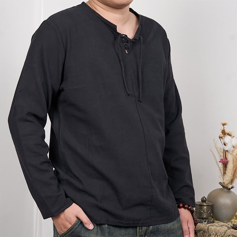 Solid Color Lace-up Long Sleeve Cotton Linen Men's Shirt
