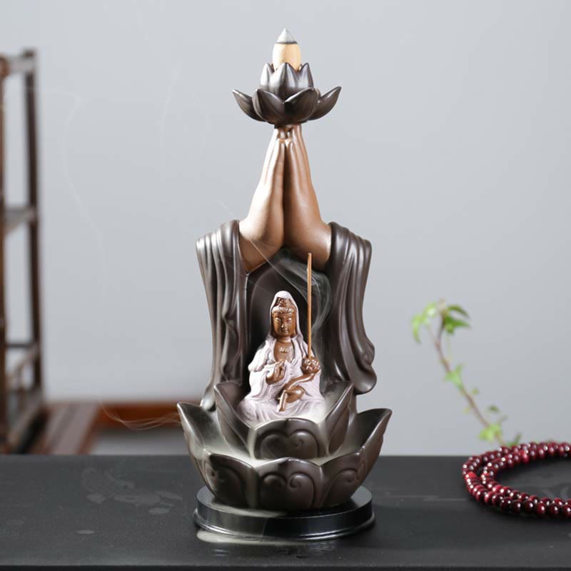 mystic zen Avalokitesvara Chenrezig Ksitigarbha Ceramic Lotus Blessing Backflow Incense Burner