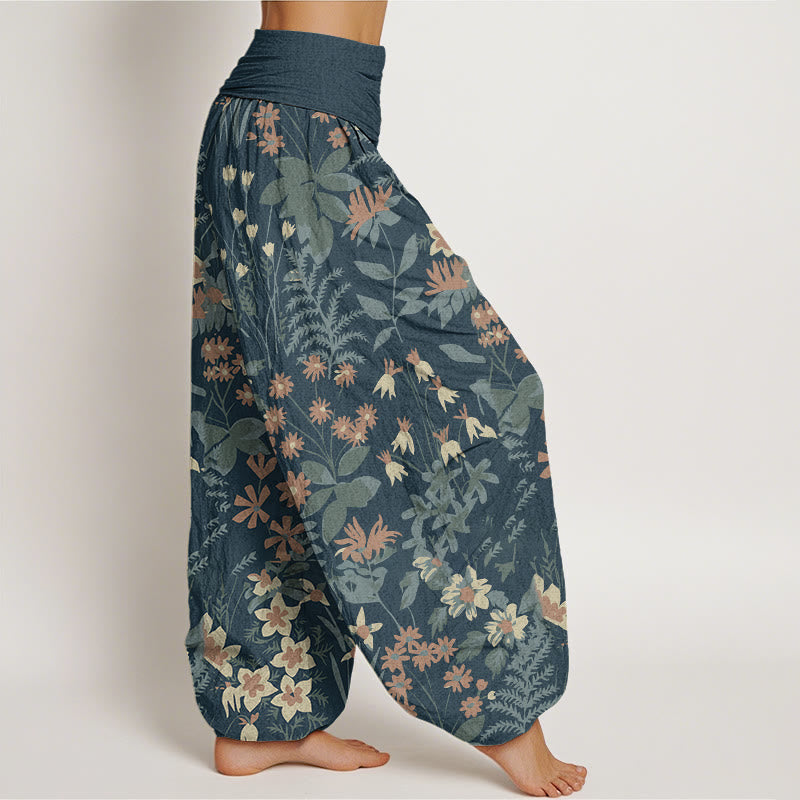 Casual Daisy Flowers Leaves Design Women's Elastic Waist Harem Pants