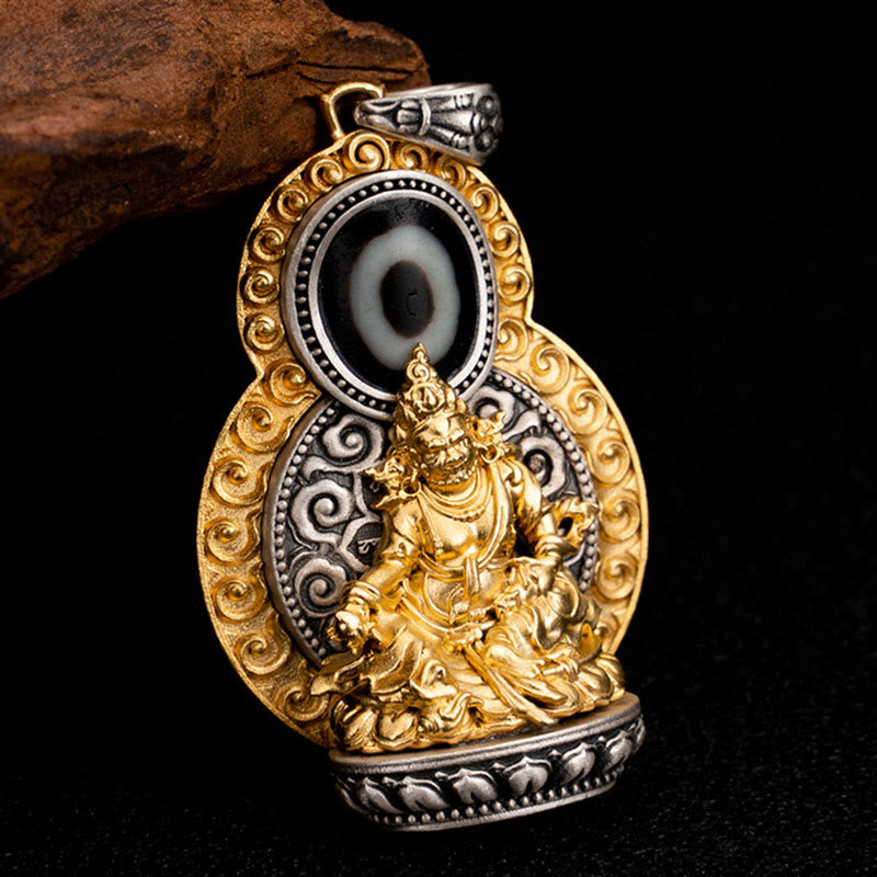 925 Sterling Silver Tibet Yellow Jambhala God of Wealth Dzi Bead Om Mani Padme Hum Happiness Necklace Pendant