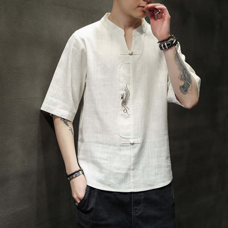 Frog-Button Phoenix Embroidery Chinese Tang Suit Short Sleeve Shirt Cotton Linen Men Clothing