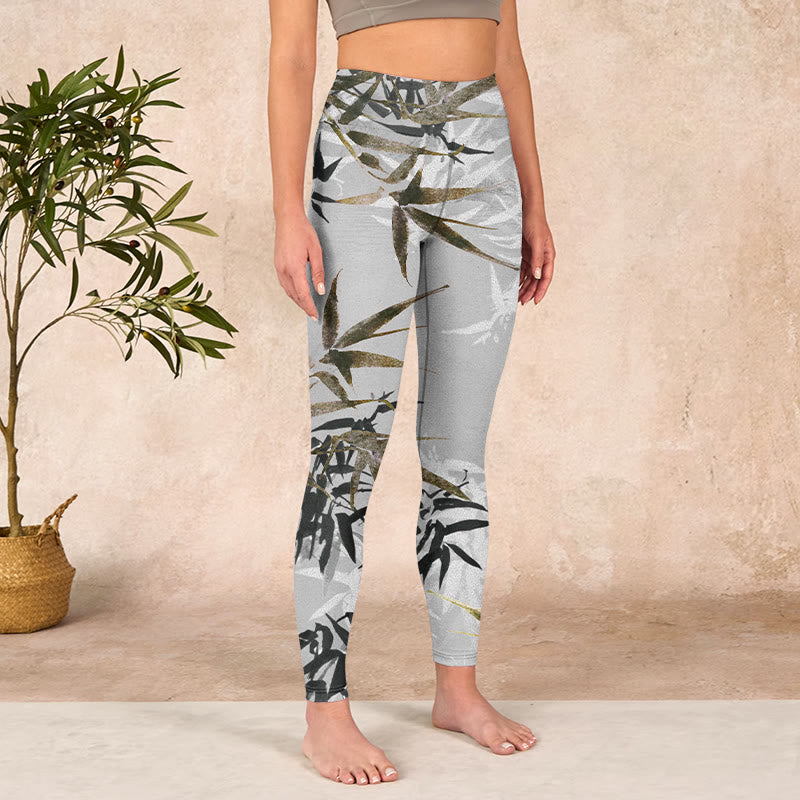 Dark Gray Bamboo Leaves Print Gym Leggings Women's Yoga Pants