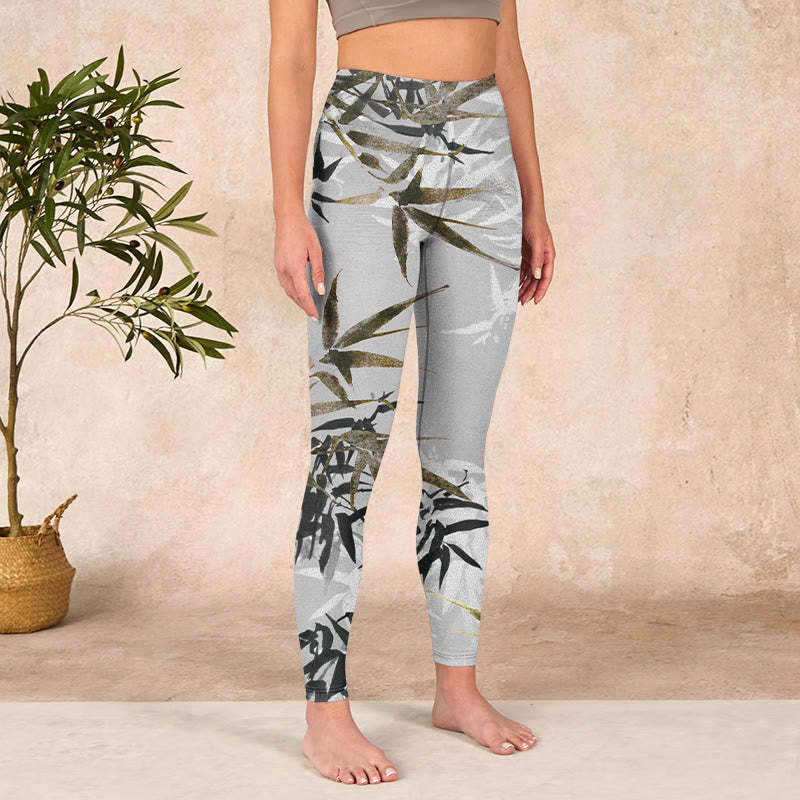 Dark Gray Bamboo Leaves Print Gym Leggings Women's Yoga Pants