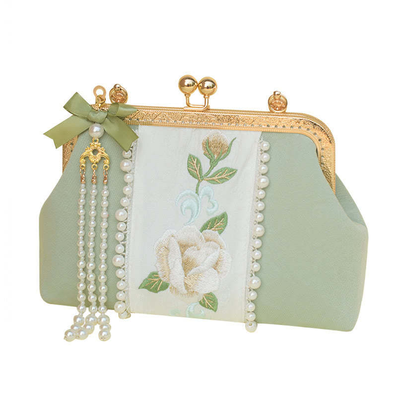 Double-sided Flowers Embroidery Pearl Pendant Metal Chain Crossbody Bag Handbags