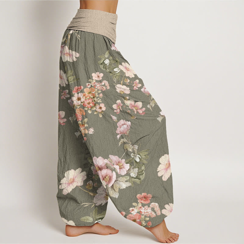 Pink Pale Orange Flowers Design Women's Elastic Waist Harem Pants