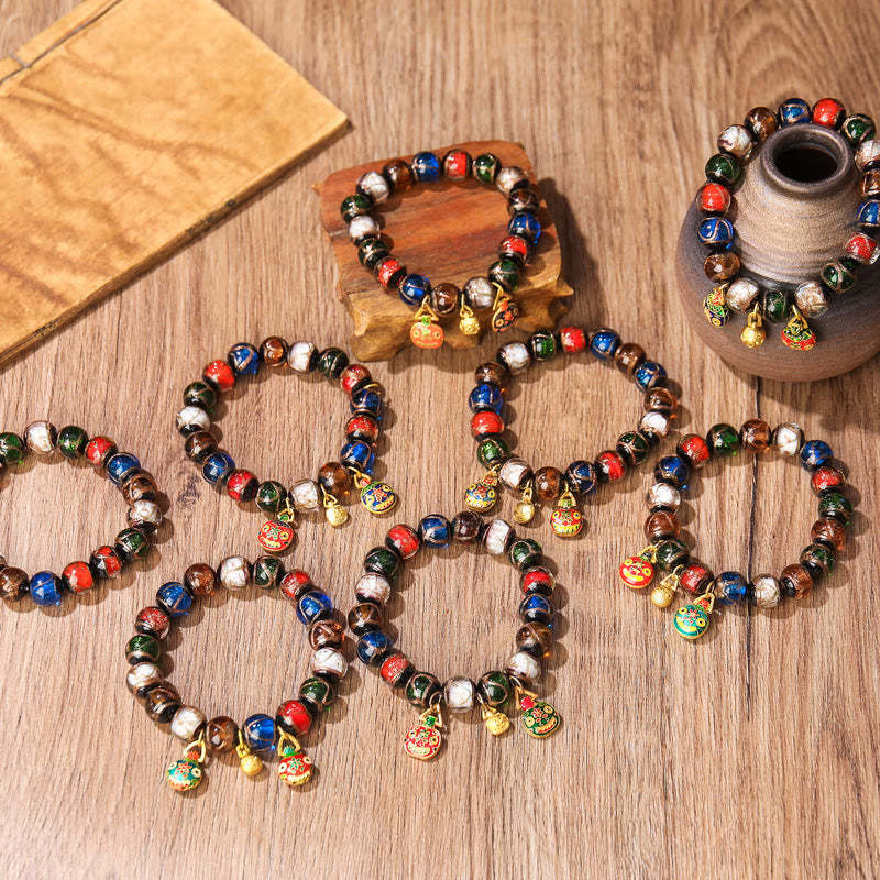 Five Elements Gold Swallowing Beast Family Charm Liuli Glass Bead Luck Bracelet
