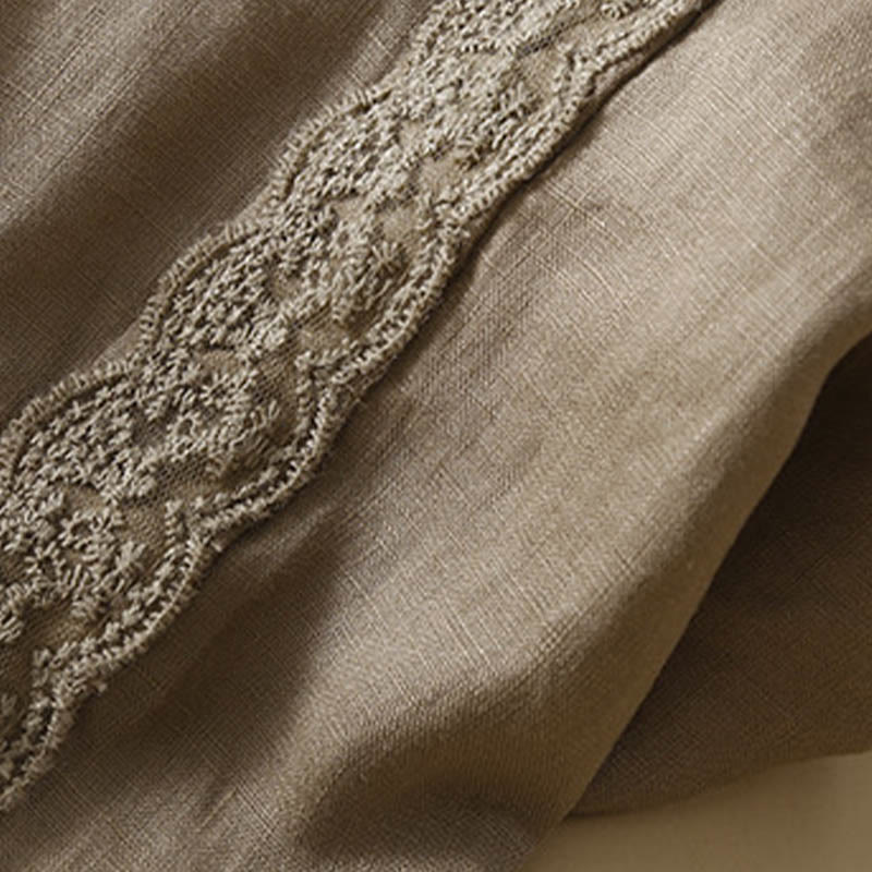 Plain Color Flower Embroidery Side Linen Women's Pants With Pockets