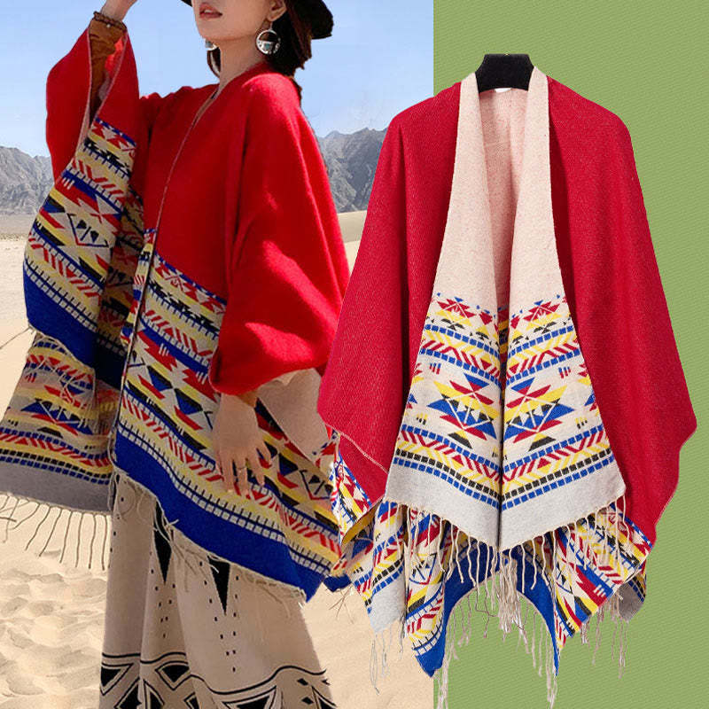 Tibetan Geometric Rhombus Pattern Tassels Shawl Fall Winter Warm Cozy Scarf Wrap