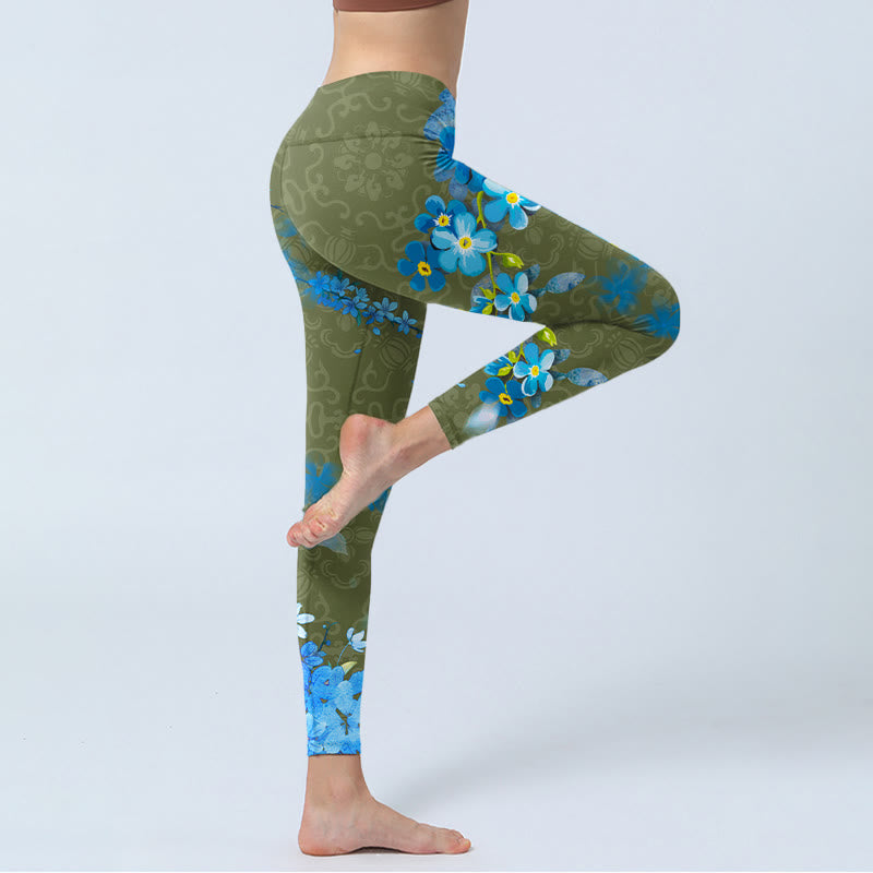 Blue Flowers Butterflies Print Gym Leggings Women's Yoga Pants