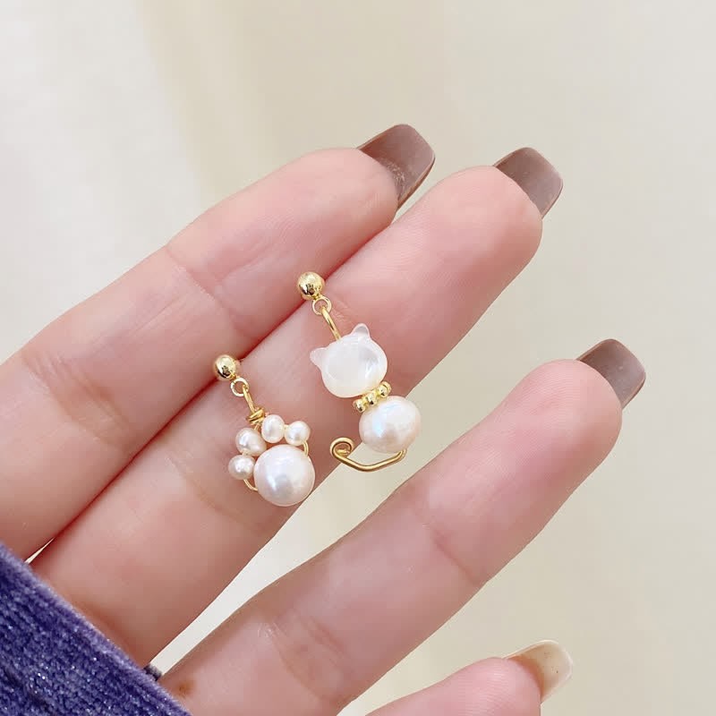 Cute Cat Paw Pearl Wisdom Stud Drop Earrings