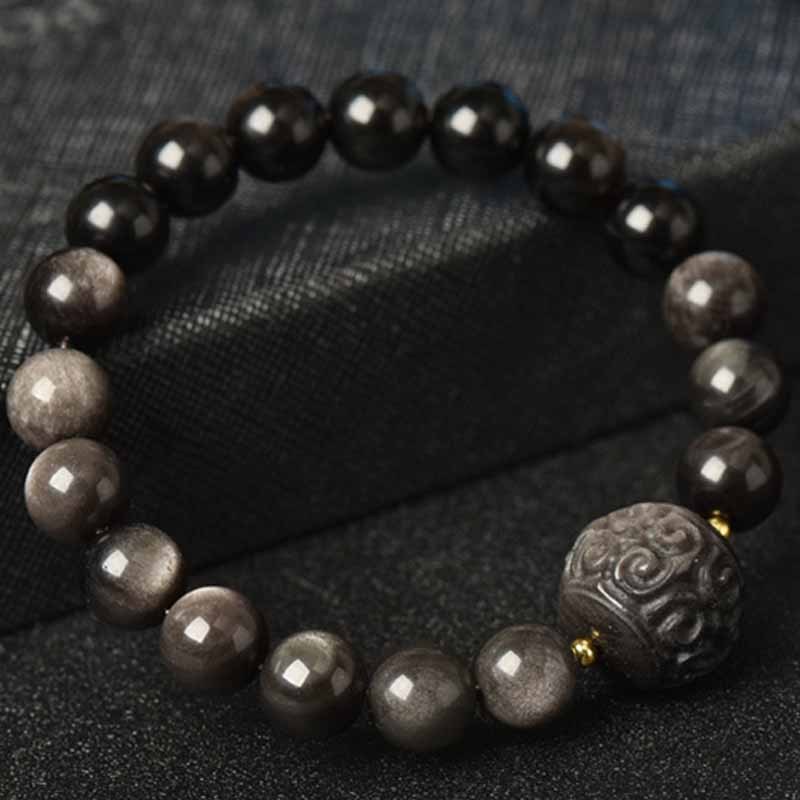 Silver Sheen Obsidian Lotus Flower Nine Tailed Fox Laughing mystic zen Protection Bracelet