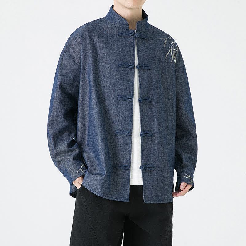 Bamboo Leaves Design Frog-button Tang Suit Cotton Men's Jacket Shirt