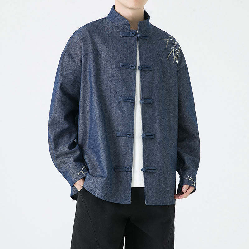 Bamboo Leaves Design Frog-button Tang Suit Cotton Men's Jacket Shirt