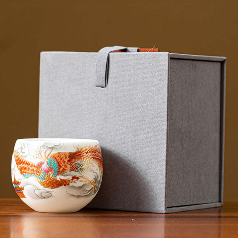Dragon Phoenix Auspicious Clouds Ceramic Teacup Kung Fu Tea Cup With Gift Box