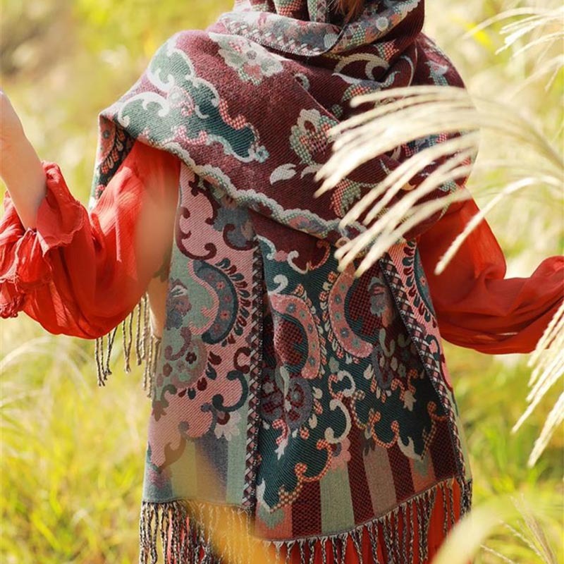 Tibetan Flowers Leaves Branch Design Tassel Shawl Cozy Travel Scarf Wrap