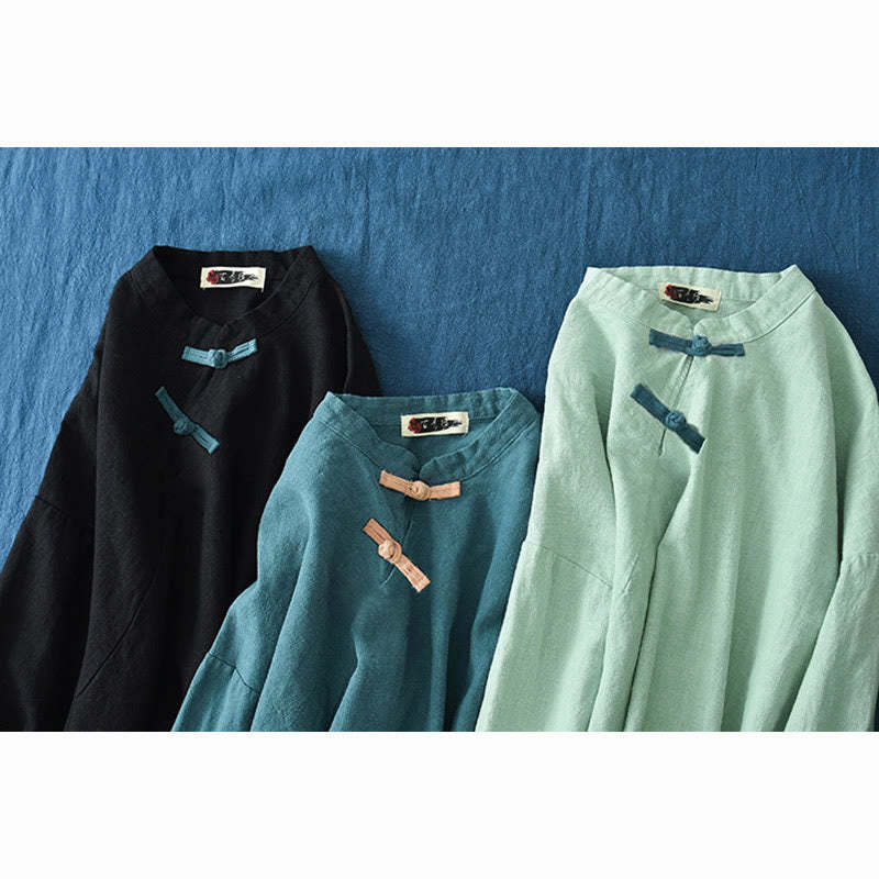 Ramie Linen Loose Blouse Women Long Sleeve Shirt Chinese Hanfu Top