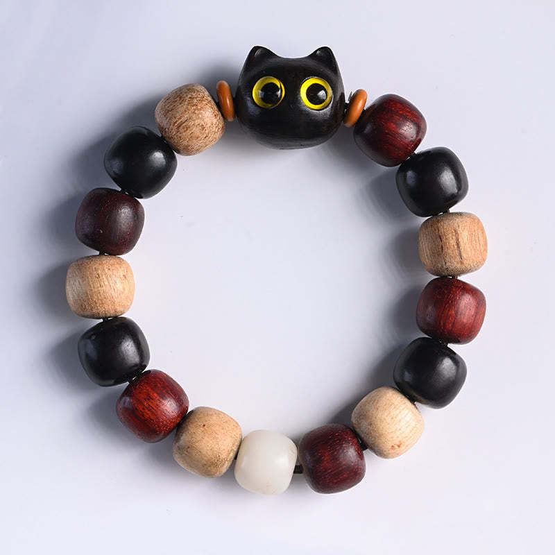 Small Leaf Red Sandalwood Ebony Wood Cute Cat Engraved Protection Bracelet