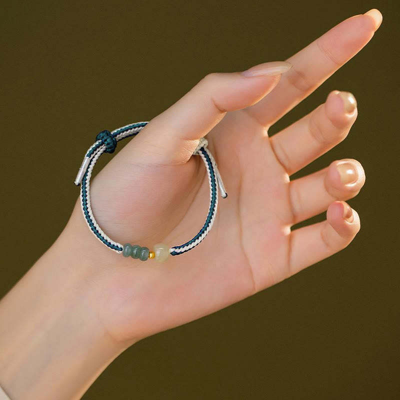 925 Sterling Silver Hetian Jade Bead Abundance Braided Rope Bracelet