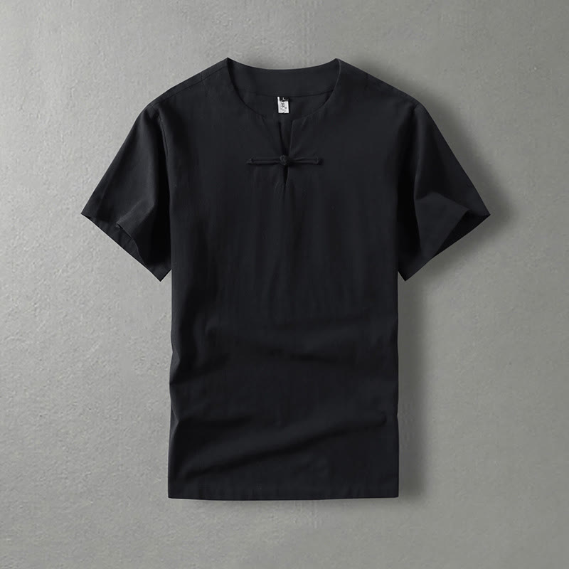 Casual Plain Color Short Sleeve One Frog Button Cotton Linen Men's Shirt