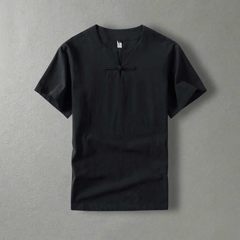 Casual Plain Color Short Sleeve One Frog Button Cotton Linen Men's Shirt