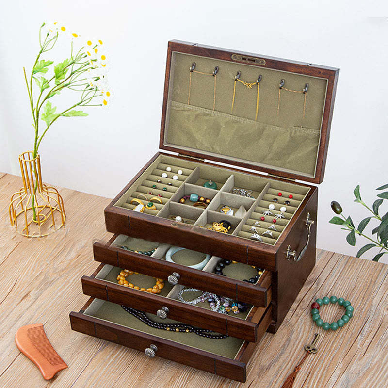 Retro Solid Wood Jewelry Box Four-Layer Wooden Jewelry Storage Box