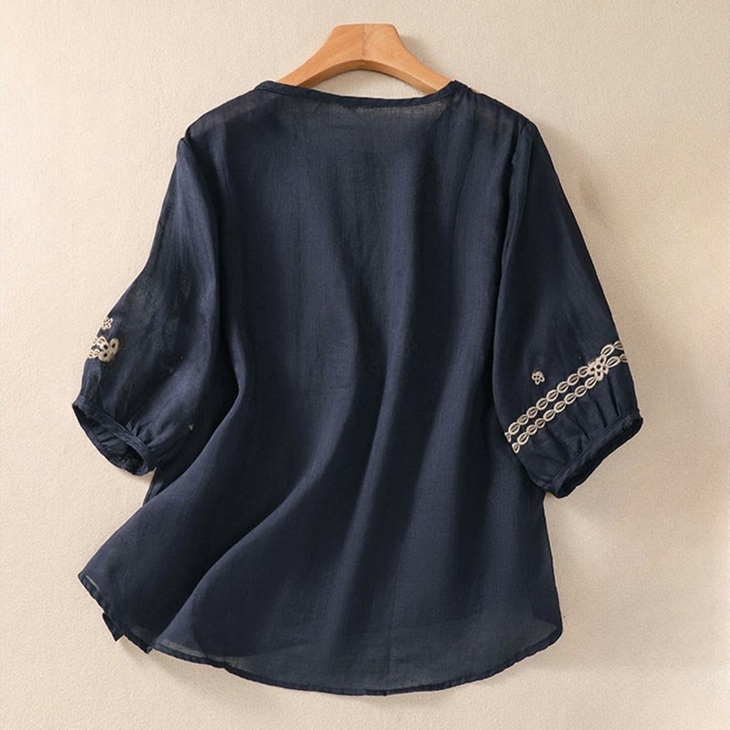 Artistic Plain Floral Embroidered Design Crew Neck Puff Half Sleeve Cotton Linen Women's T-Shirt