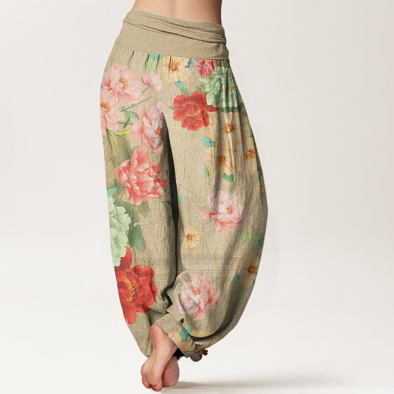 Casual Peony Flower Women's Elastic Waist Harem Pants