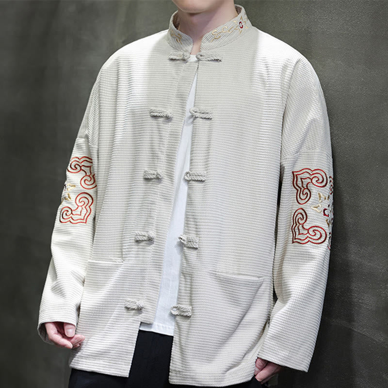 Men's Frog-Button Tang Suit Corduroy Cotton Embroidery Long Jacket Shirt With Pockets