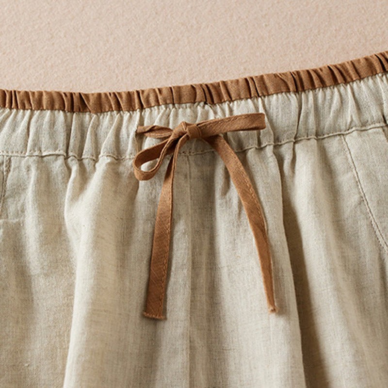 Wild Simple Design Embroidery Drawstring Cotton Linen Women's Shorts With Pockets