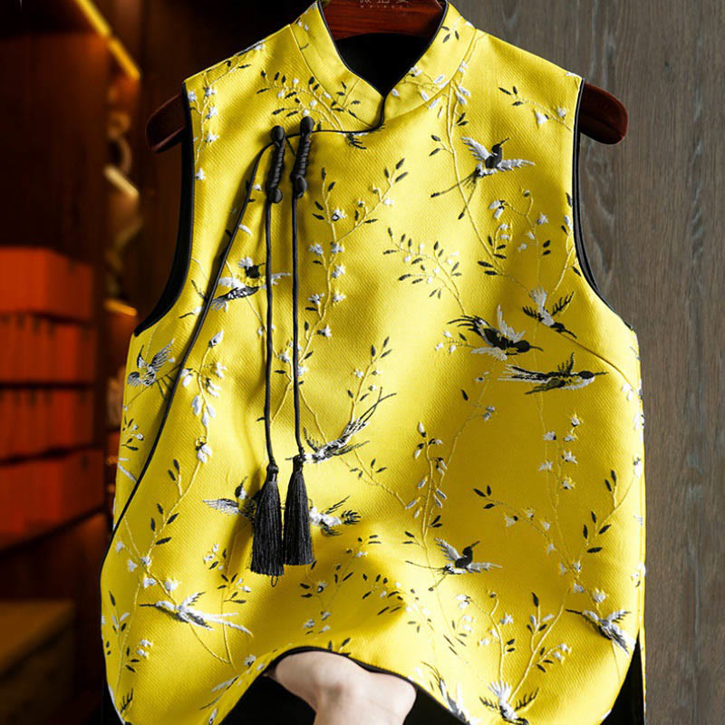 Vintage Embroidery Crane Plants Pattern Knot Button Vest