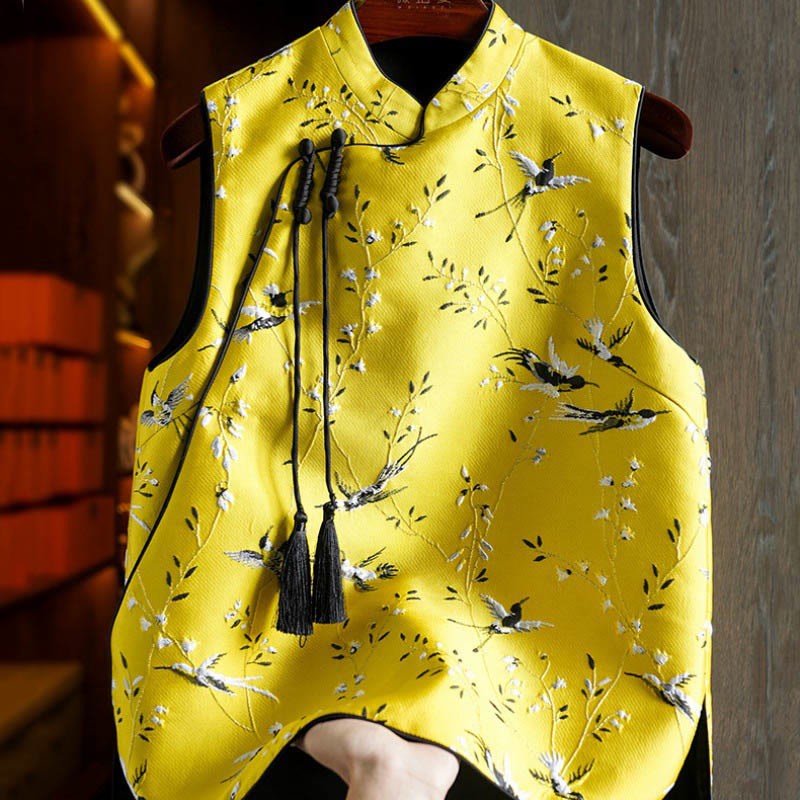 Vintage Embroidery Crane Plants Pattern Knot Button Vest