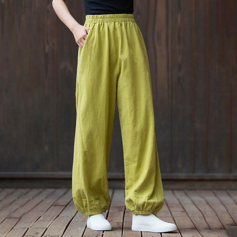 Casual Solid Plain Color Carrot Elastic Waistband Cotton Ramie Women's Pants With Pockets