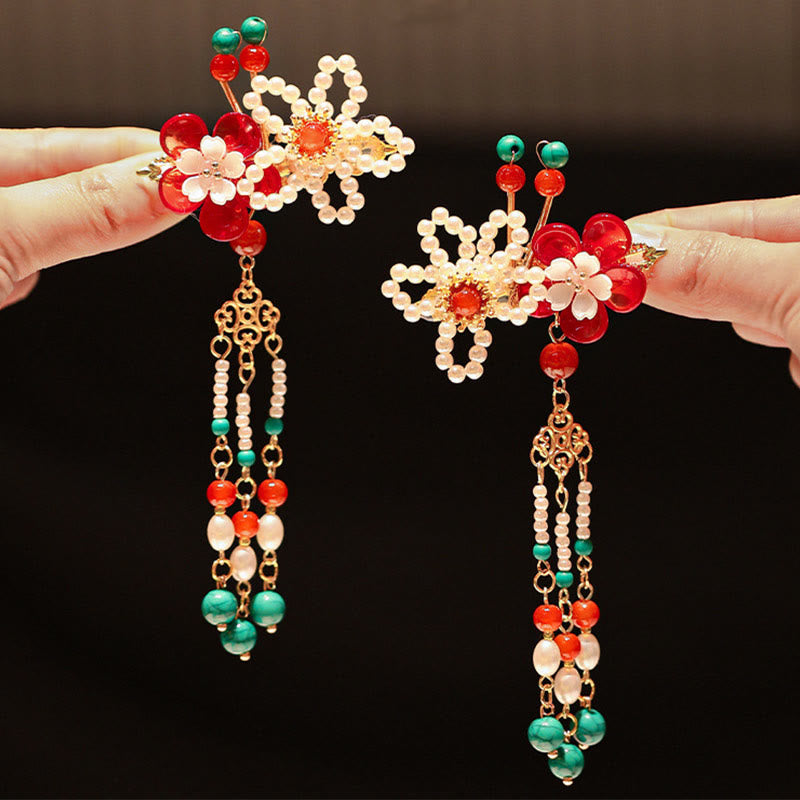 Chinese Ancient Style Flower Pearl Rabbit Tassel Hair Clip