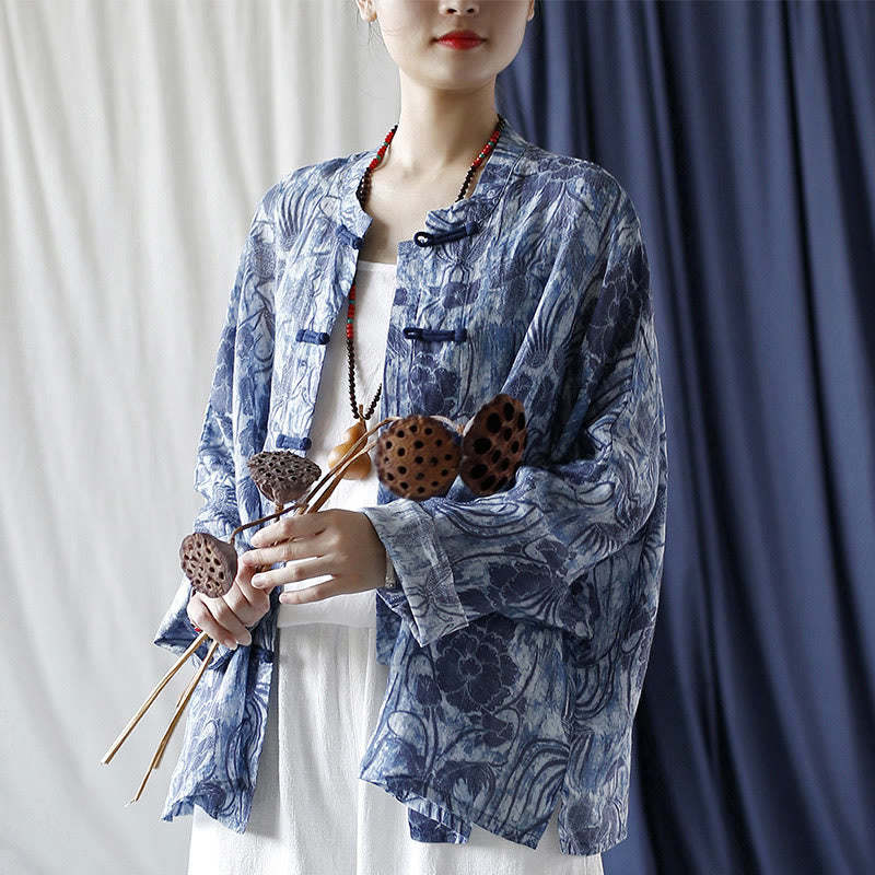 Retro Blue White Flowers Frog-Button Design Long Sleeve Ramie Linen Jacket Shirt