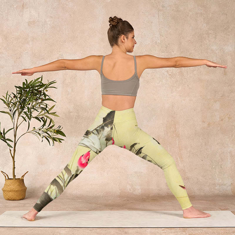 Pink Blooming And Unbloomed Lotus Print Gym Leggings Women's Yoga Pants