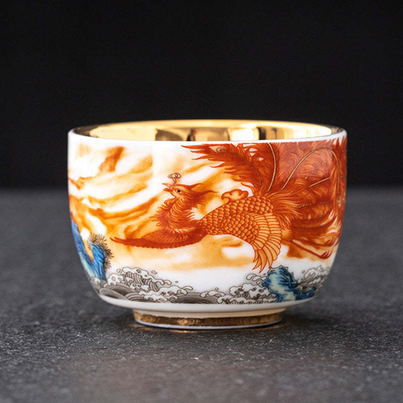 Dragon Phoenix Crane Sun Ocean Waves Gilt Ceramic Teacup Kung Fu Tea Cup 170ml
