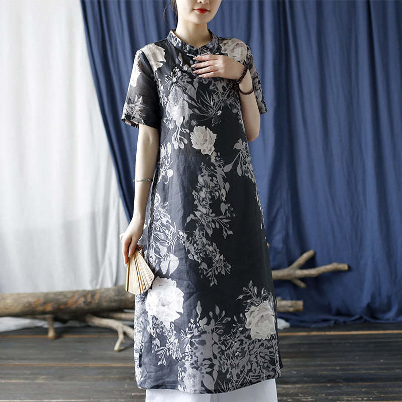 Ramie Linen Blue Flowers Leaves Cheongsam Dresses Short Sleeve Dress