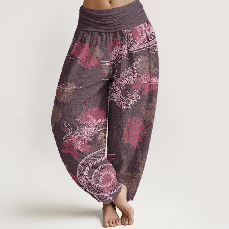 Dragons Roses Auspicious Clouds Phoenix Women's Elastic Waist Harem Pants