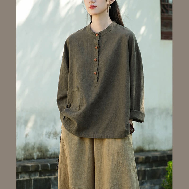 Solid Color Loose Button Blouse Long Sleeve Shirt Top