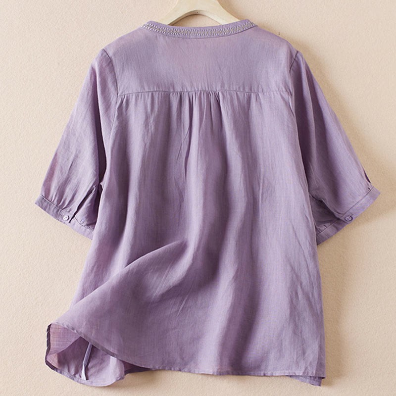 Casual Embroidery Plants Women's V-Neck Design Half Sleeve Cotton Blended Shirt