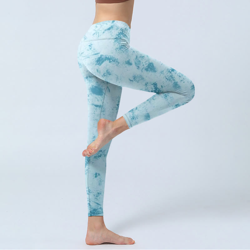 Light Blue Tie-dye Print Gym Fitness Leggings Women's Yoga Pants