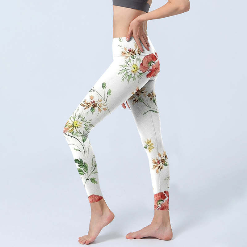 White Daisy Red Flower Print Sports Leggings Women's Yoga Pants