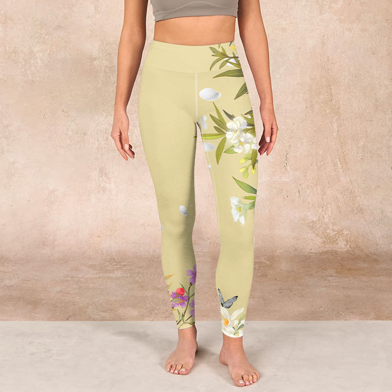 Flowers Plants Butterfly Print Fitness Leggings Women's Yoga Pants