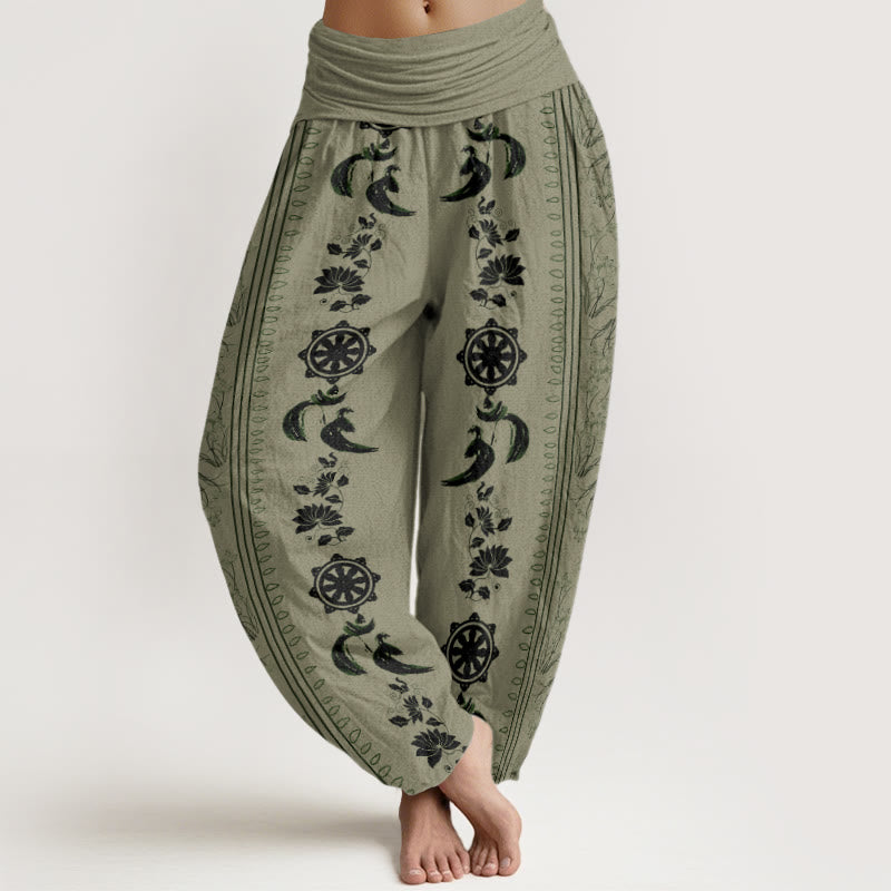 Dharma Wheel Lotus OM Pattern Women's Elastic Waist Harem Pants