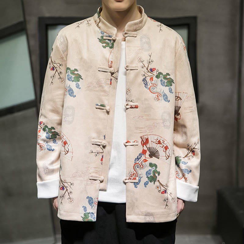 Chinese New Year Clothes Flowers Dragon Fan Auspicious Clouds Frog-button Tang Suit Cotton Men's Jacket Shirt