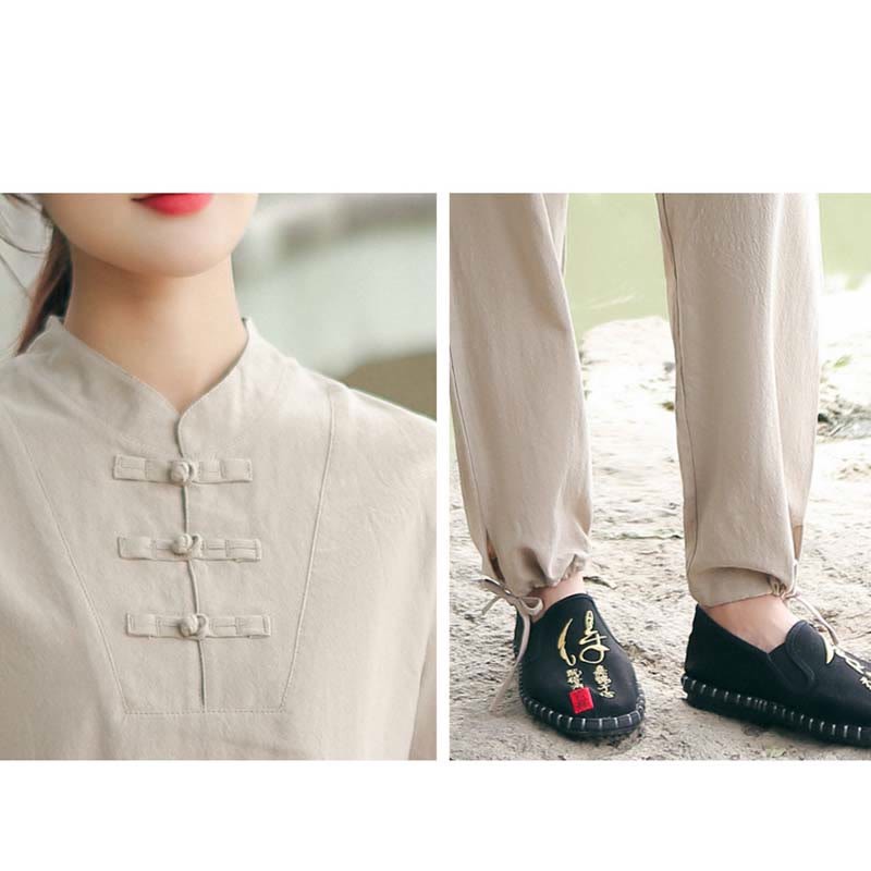2Pcs Women's Short Sleeve Shirt Top T-Shirt Pants Meditation Zen Tai Chi Cotton Linen Clothing Set