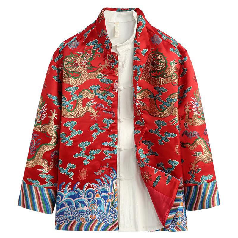 Chinese New Year Dragon Embroidery Auspicious Clouds Frog-button Tang Suit Men's Jacket Shirt