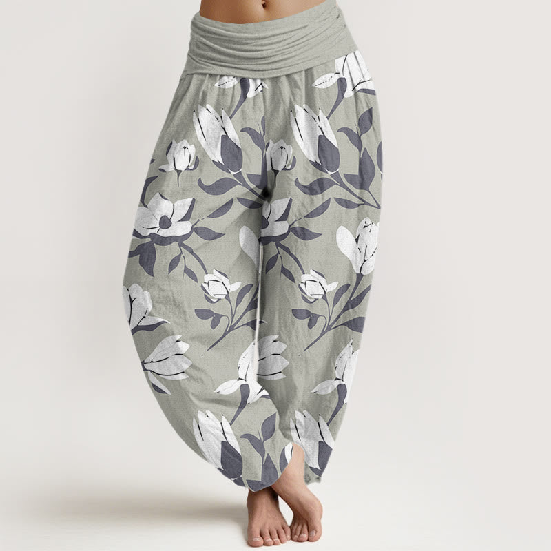 Retro Magnolia Flowers Women's Elastic Waist Harem Pants