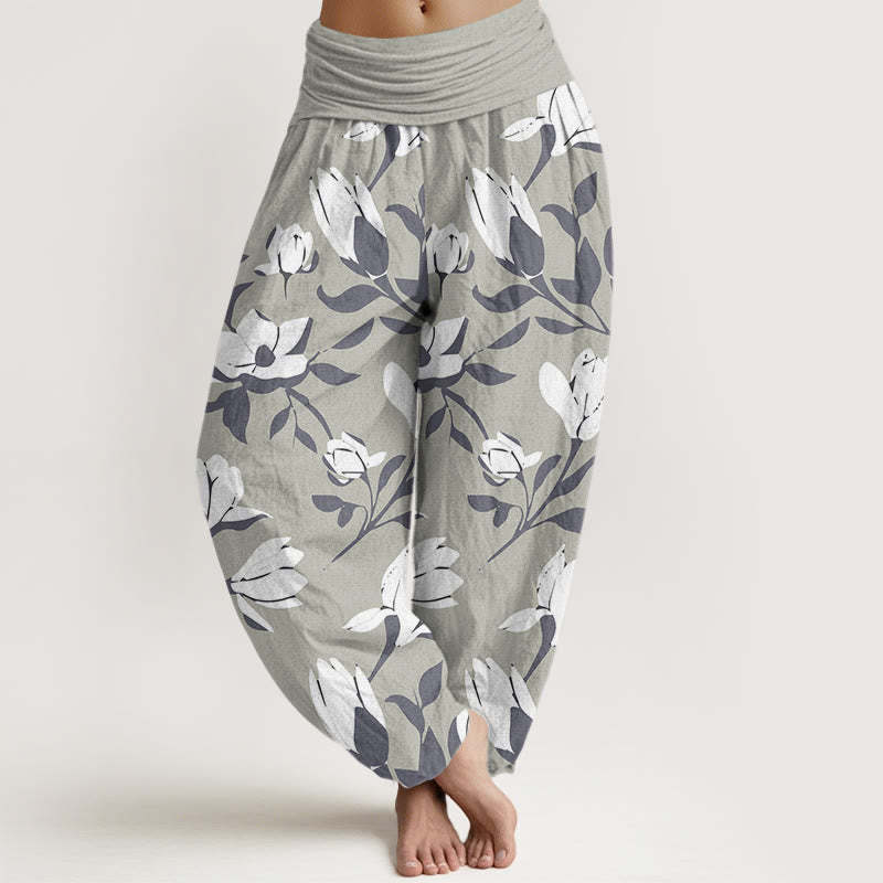 Retro Magnolia Flowers Women's Elastic Waist Harem Pants